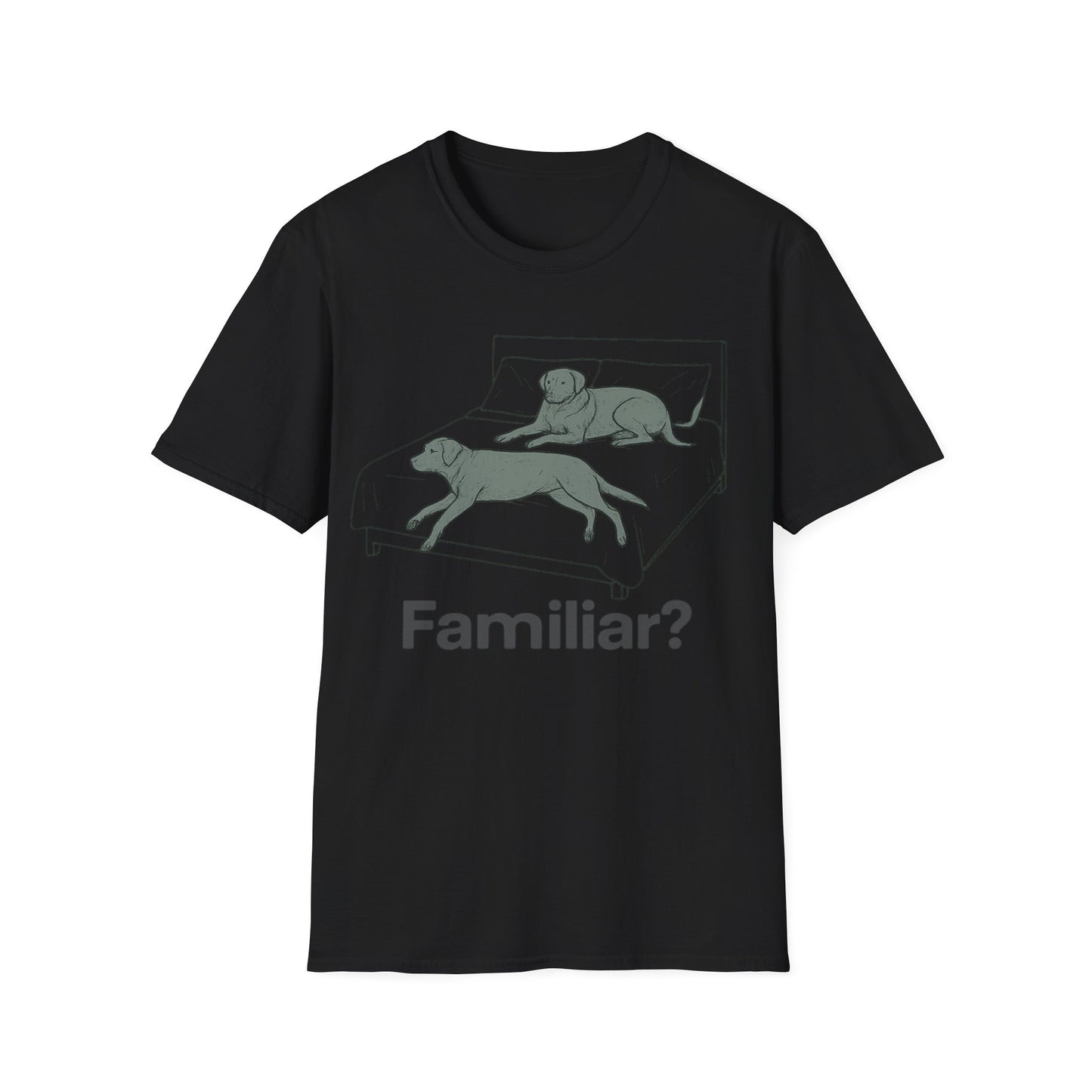 Familiar? Rescue Dog Bed Takeover T-Shirt | Funny Pitbull Dog Lover Gift | Adopted & Adored Apparel, Adult Unisex T-Shirt