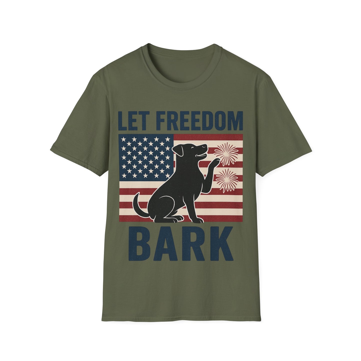 Let Freedom Bark Patriotic Dog T-Shirt | Fourth of July Rescue Tee | USA Flag Fireworks Dog Lover T-Shirt | Animal Adoption Apparel | Independence Day Dog Shirt | Gildan 64000 Unisex Soft Cotton T-Shirt for Pet Parents, Adult Unisex T-Shirt