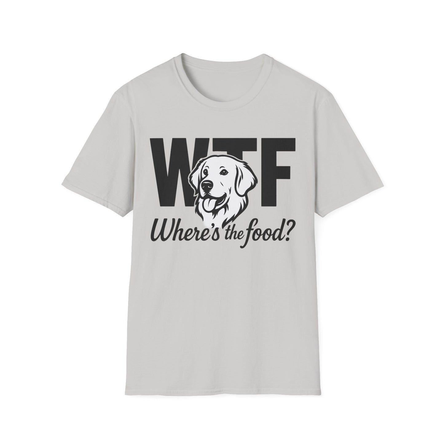 WTF Where’s The Food Funny Dog T-Shirt – Golden Retriever Design for Dog Lovers, Light Color Tee for Pet Owners, Animal Rescue Humor Gift, Adult Unisex T-Shirt