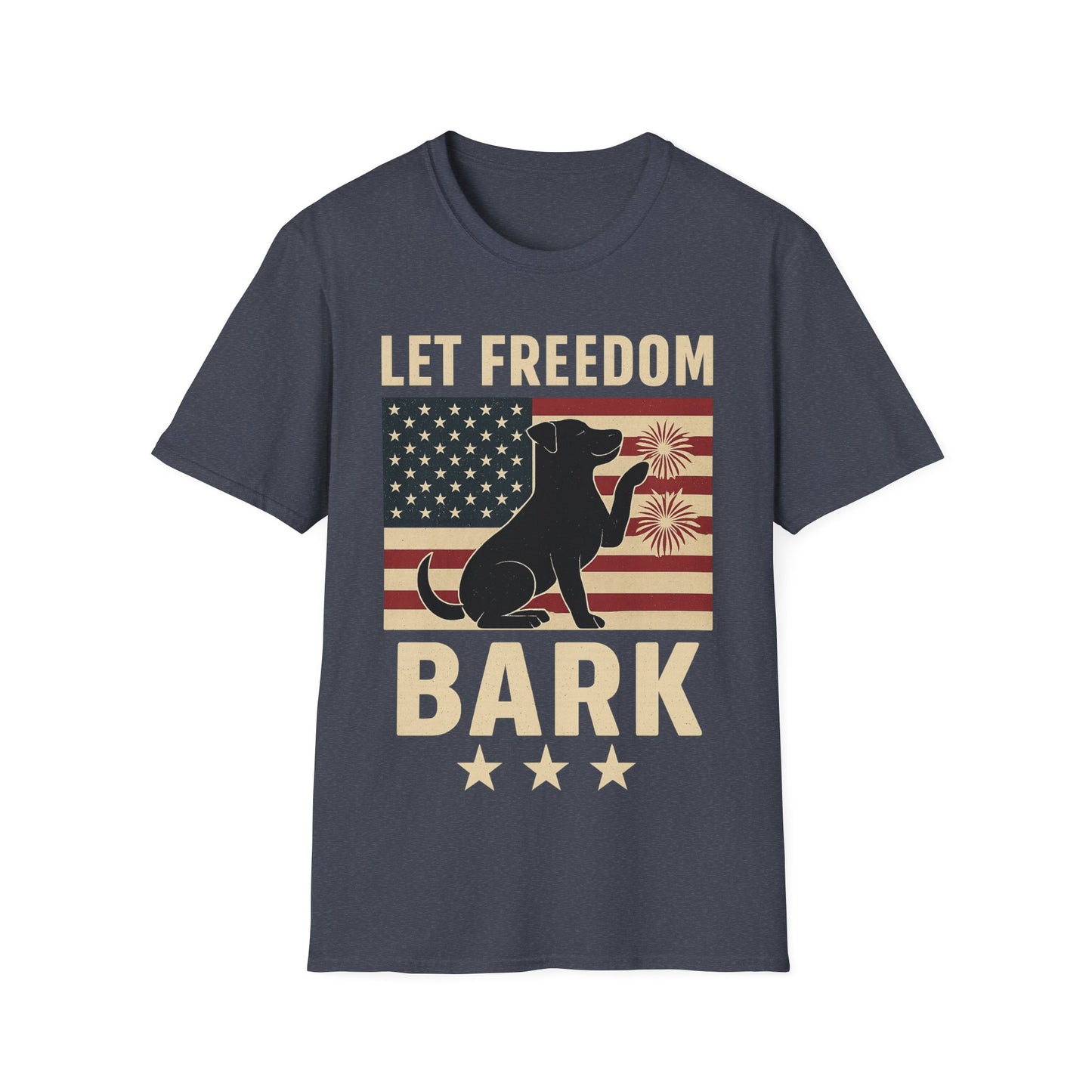 Let Freedom Bark Patriotic Dog T-Shirt | Fourth of July Rescue Tee | USA Flag Fireworks Dog Lover T-Shirt | Animal Adoption Apparel | Independence Day Dog Shirt | Gildan 64000 Unisex Soft Cotton T-Shirt for Pet Parents, Adult Unisex T-Shirt
