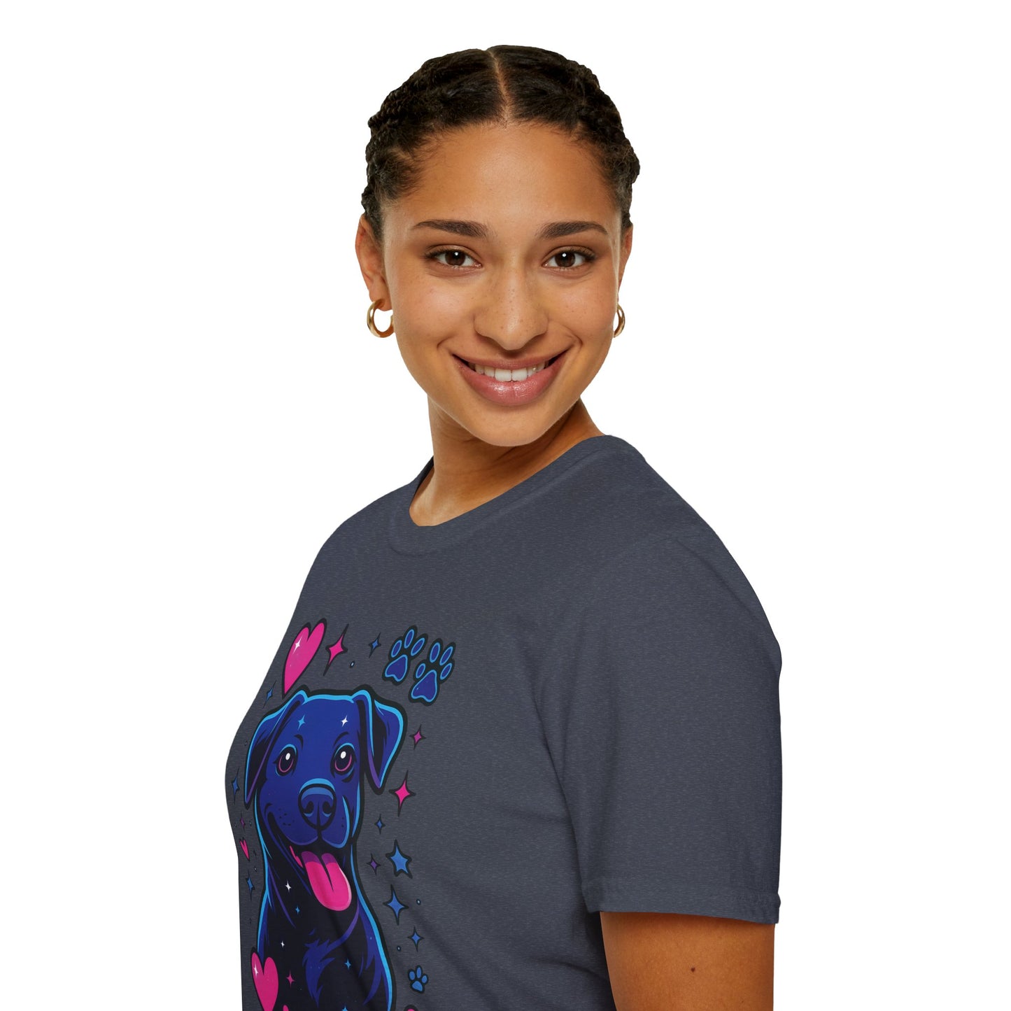 Neon Dog Graphic T-Shirt | Y2K Two-Sided Rescue Shirt with Front Dog Art + Back Logo | Adopted and Adored Apparel | Animal Adoption Awareness, Adult Unisex T-Shirt