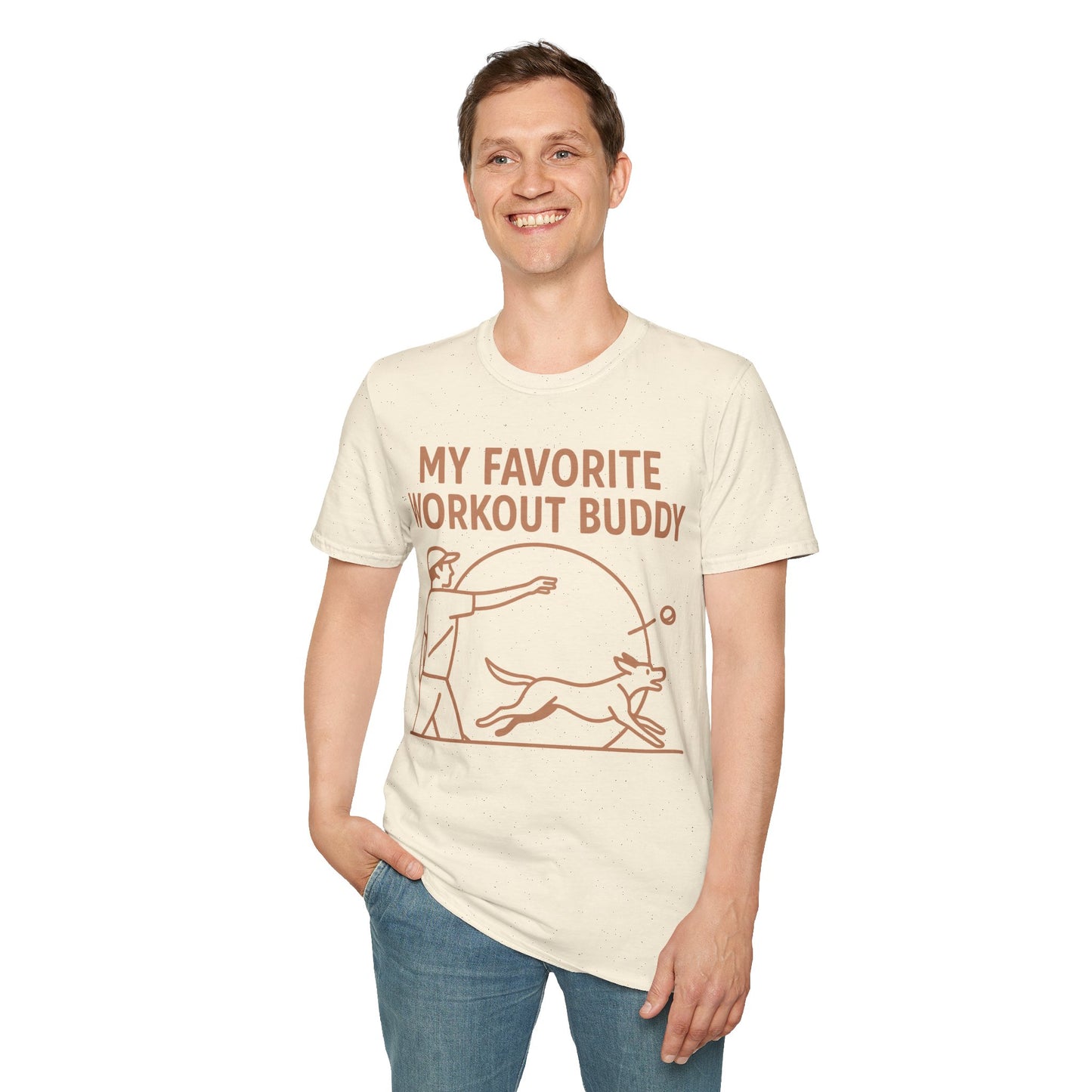 My Favorite Workout Buddy Dog T-Shirt – Funny Dog Owner Gift Tee – Fetch and Play Line Art Design – Vintage Soft Ink on Gildan 64000 Unisex T-Shirt, Adult Unisex T-Shirt