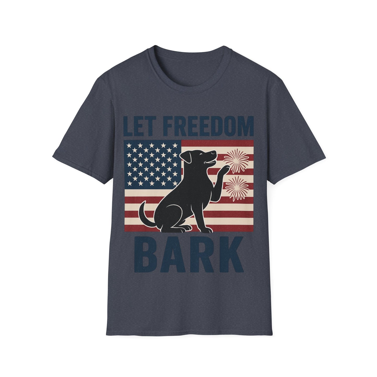 Let Freedom Bark Patriotic Dog T-Shirt | Fourth of July Rescue Tee | USA Flag Fireworks Dog Lover T-Shirt | Animal Adoption Apparel | Independence Day Dog Shirt | Gildan 64000 Unisex Soft Cotton T-Shirt for Pet Parents, Adult Unisex T-Shirt