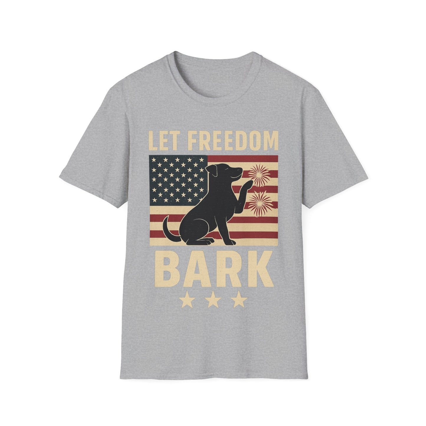 Let Freedom Bark Patriotic Dog T-Shirt | Fourth of July Rescue Tee | USA Flag Fireworks Dog Lover T-Shirt | Animal Adoption Apparel | Independence Day Dog Shirt | Gildan 64000 Unisex Soft Cotton T-Shirt for Pet Parents, Adult Unisex T-Shirt