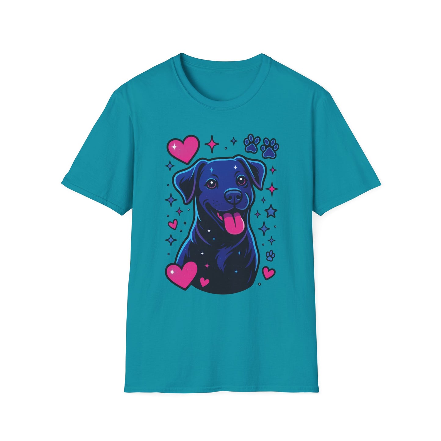 Neon Dog Graphic T-Shirt | Y2K Two-Sided Rescue Shirt with Front Dog Art + Back Logo | Adopted and Adored Apparel | Animal Adoption Awareness, Adult Unisex T-Shirt