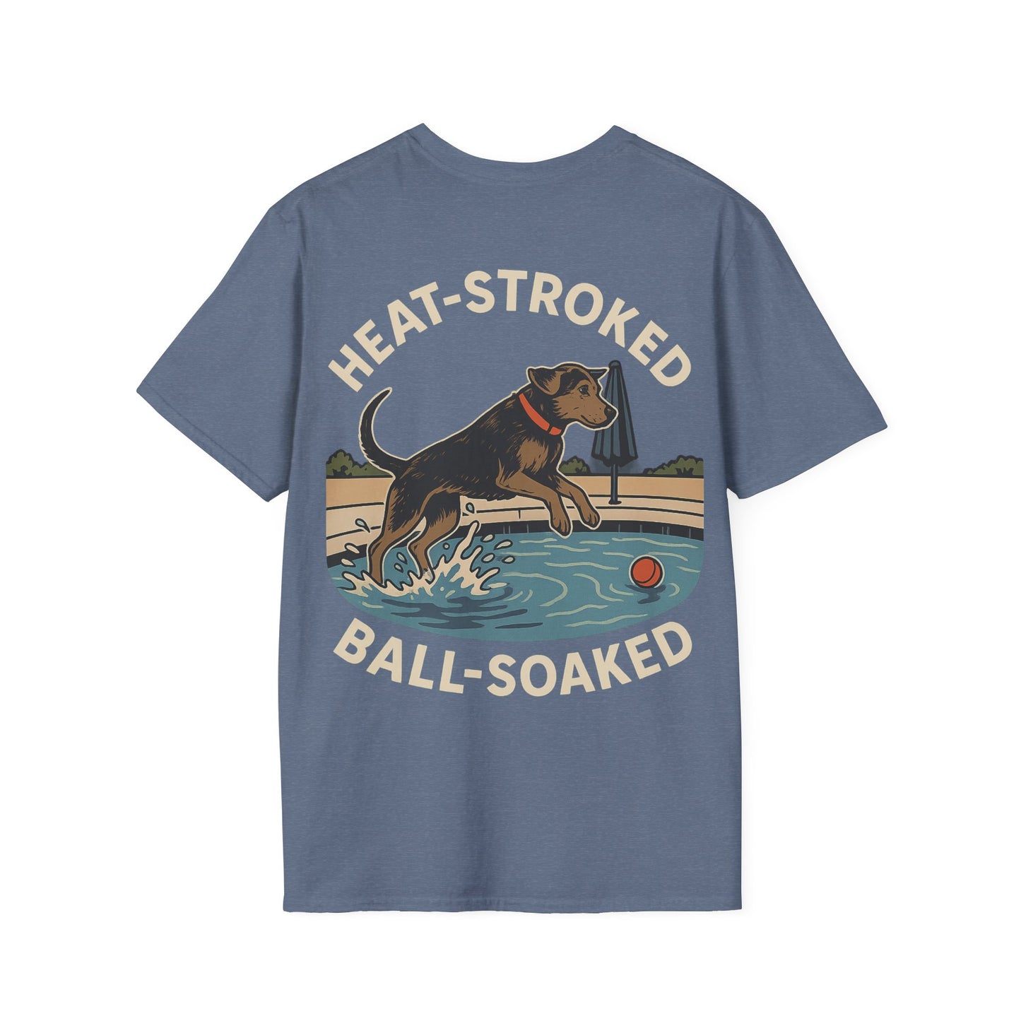 Heat-Stroked Ball-Soaked Dog T-Shirt – Funny Rescue Pool Dog Summer Shirt with Front & Back Print, Adult Unisex T-Shirt