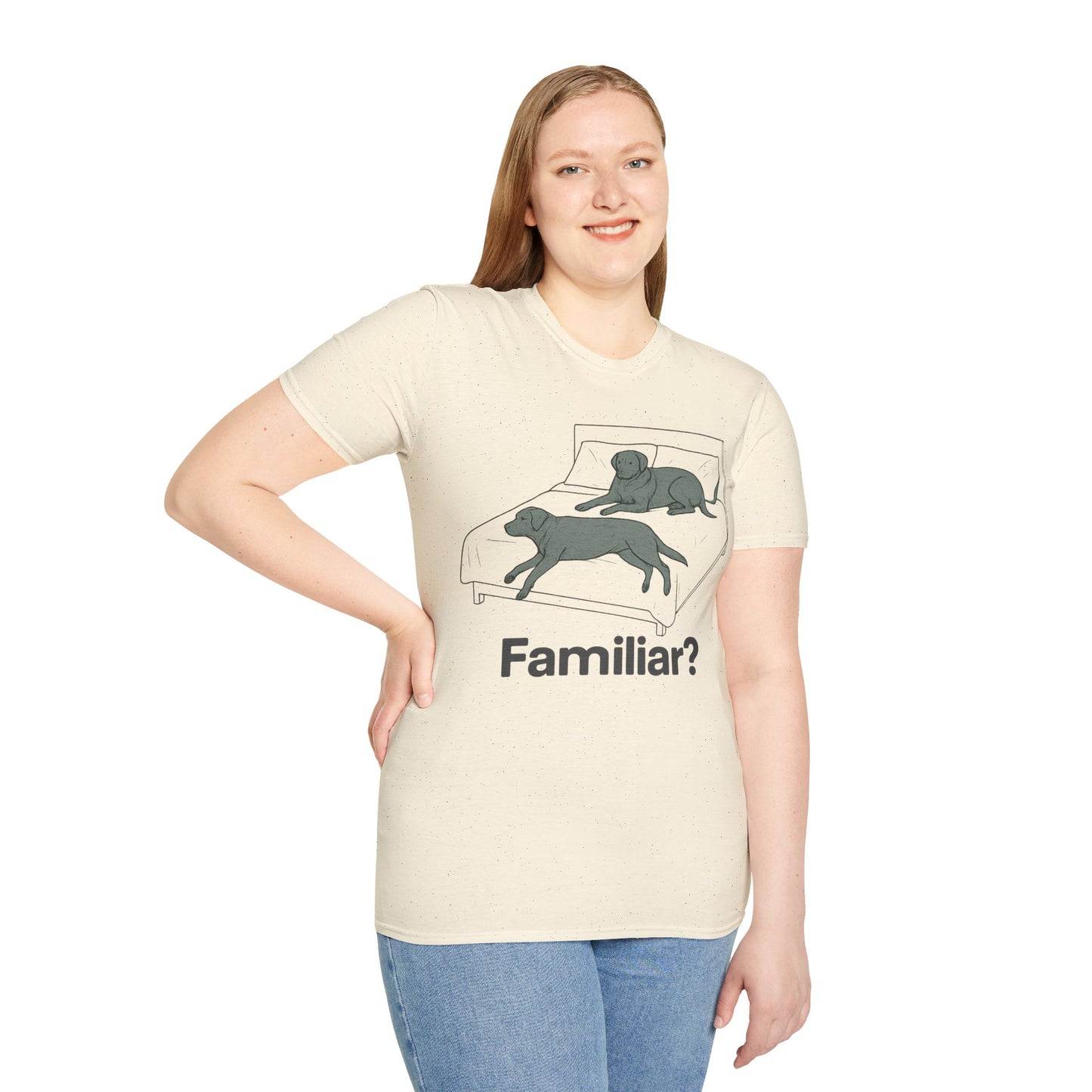 Familiar? Rescue Dog Bed Takeover T-Shirt | Funny Pitbull Dog Lover Gift | Adopted & Adored Apparel, Adult Unisex T-Shirt