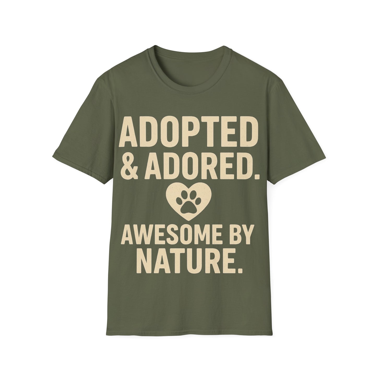Adopted and Adored Awesome By Nature T-Shirt | Rescue Dog Shirt | Pet Adoption Gift | Dog Lover Vintage Style Tee | Olive Green Unisex, Adult Unisex T-Shirt