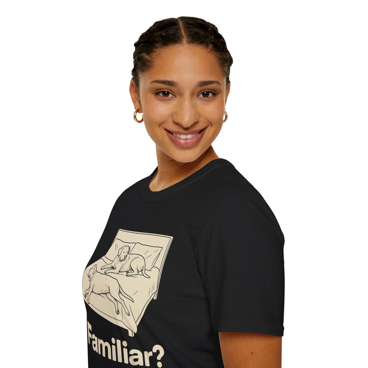 Familiar? T-Shirt – Funny Dog Bed Takeover Tee for Dog Lovers, Couples, Rescue Dog Owners, Adult Unisex T-Shirt