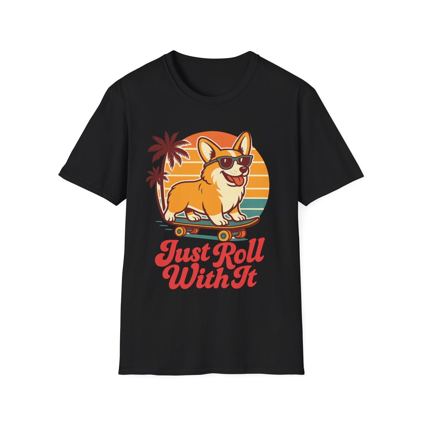 Funny Corgi Skateboard T-Shirt – Just Roll With It Retro Dog Tee | Summer Beach Dog Shirt for Pet Lovers, Adult Unisex T-Shirt