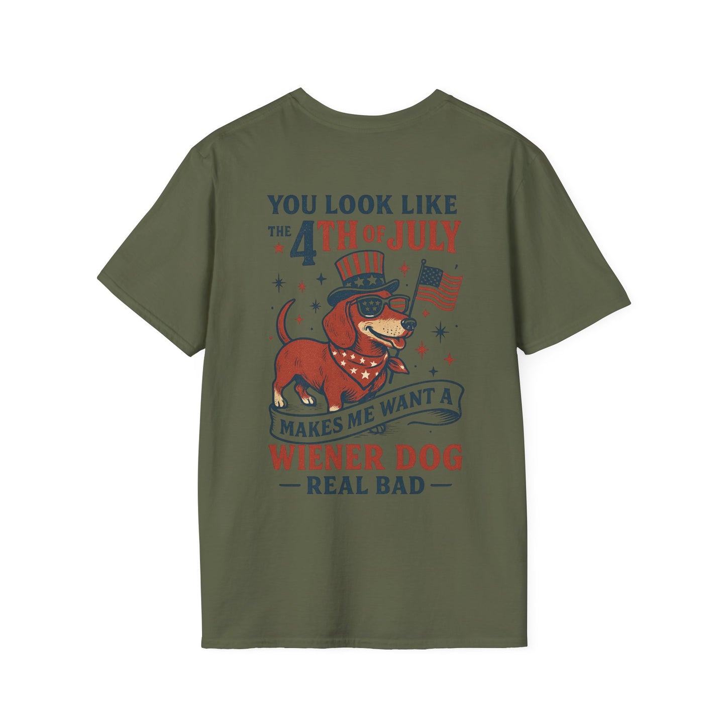 You Look Like the 4th of July Funny Wiener Dog T-Shirt – Patriotic Dachshund Shirt for Dog Lovers | Adopted and Adored Logo Front | July 4th Humor Tee, Adult Unisex T-Shirt