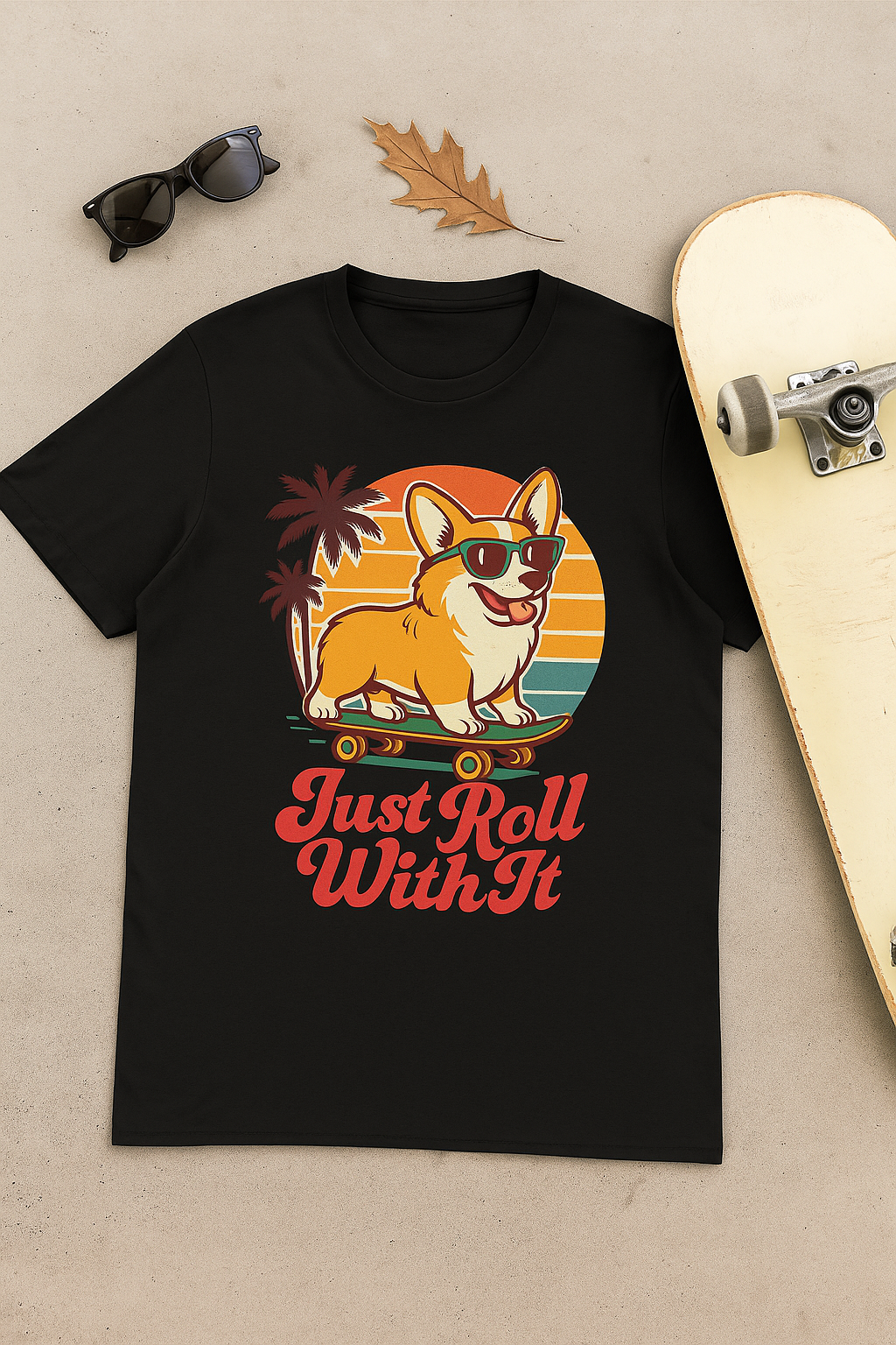 Funny Corgi Skateboard T-Shirt – Just Roll With It Retro Dog Tee | Summer Beach Dog Shirt for Pet Lovers, Adult Unisex T-Shirt