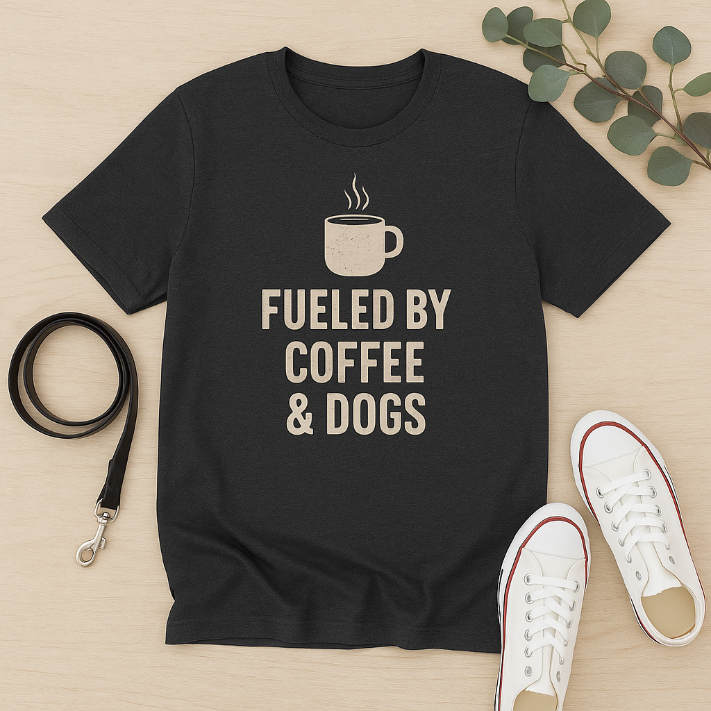 Flat lay of a charcoal heather unisex t-shirt with the phrase “Fueled by Coffee & Dogs” in distressed cream text, topped by a minimalist steaming coffee mug icon. Styled on a light wood background with a black leather dog leash, eucalyptus sprigs, and white canvas sneakers to create a warm, lifestyle-focused rescue dog vibe.
