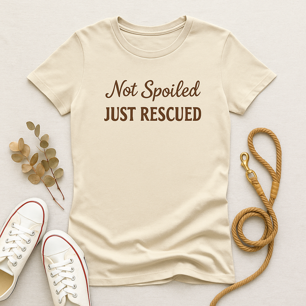 Flat lay of a Bella + Canvas women’s t-shirt in Heather Prism Natural, featuring the phrase “Not Spoiled Just Rescued” in a dark brown script-and-serif font combo. The shirt is styled casually on a light background with subtle lifestyle accents for a clean, boutique-ready look.