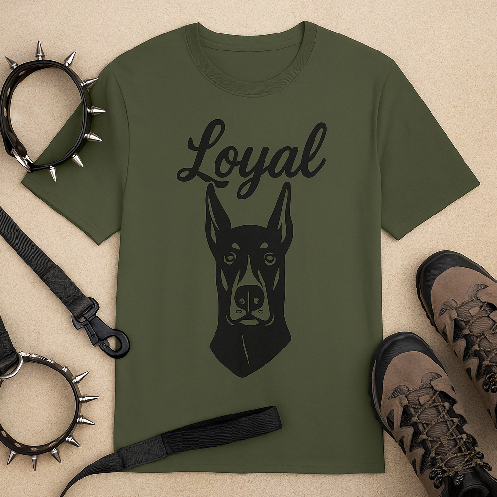 Olive green t-shirt featuring a bold black line-art illustration of a Doberman Pinscher's head below the word “Loyal” in elegant script font; a tribute to the breed's strength and devotion.