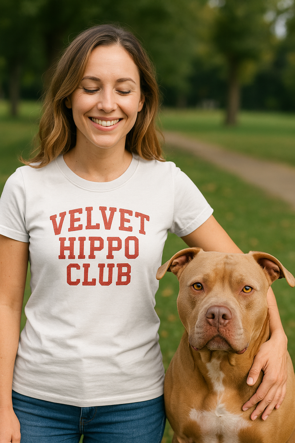 "Velvet Hippo Club t-shirt in vintage brick red lettering on a Bella+Canvas 6004 white women’s shirt"