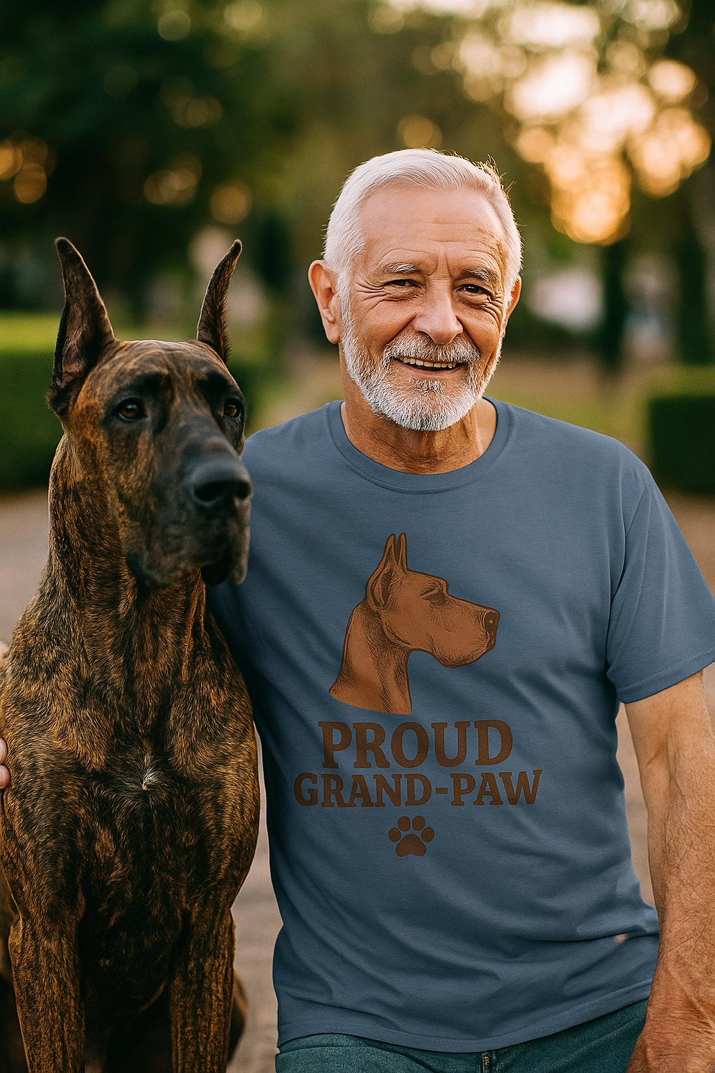 A steel blue t-shirt featuring a sketched Great Dane head above the phrase "Proud Grand-Paw" with a paw print underneath, styled in rustic brown ink.