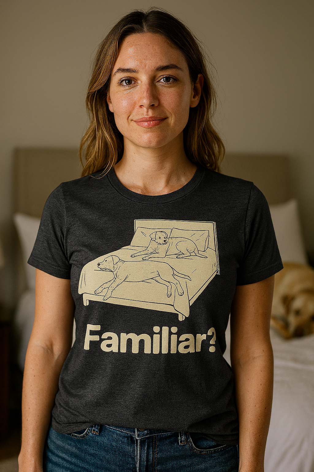 A woman stands in a softly lit bedroom wearing a fitted charcoal gray Bella + Canvas 6004 t-shirt that reads “Familiar?” beneath a beige illustration of two large dogs sprawled across a bed. Behind her, two real dogs lie on a bed in the background, subtly blurred to maintain focus on the t-shirt design. The scene is cozy, relatable, and clearly geared toward dog owners.