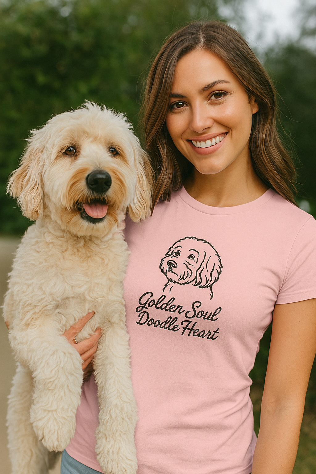 Smiling woman wearing a light pink t-shirt that says "Golden Soul Doodle Heart" while holding a fluffy cream-colored Goldendoodle outside.