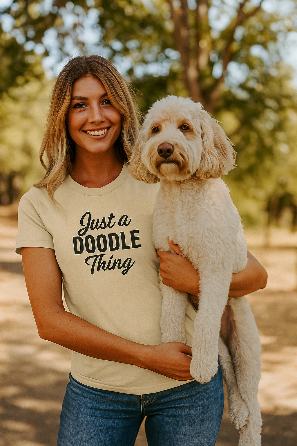 Smiling woman wearing a soft cream t-shirt that says "Just a Doodle Thing" while holding a cream-colored Labradoodle outdoors in a sunlit park.