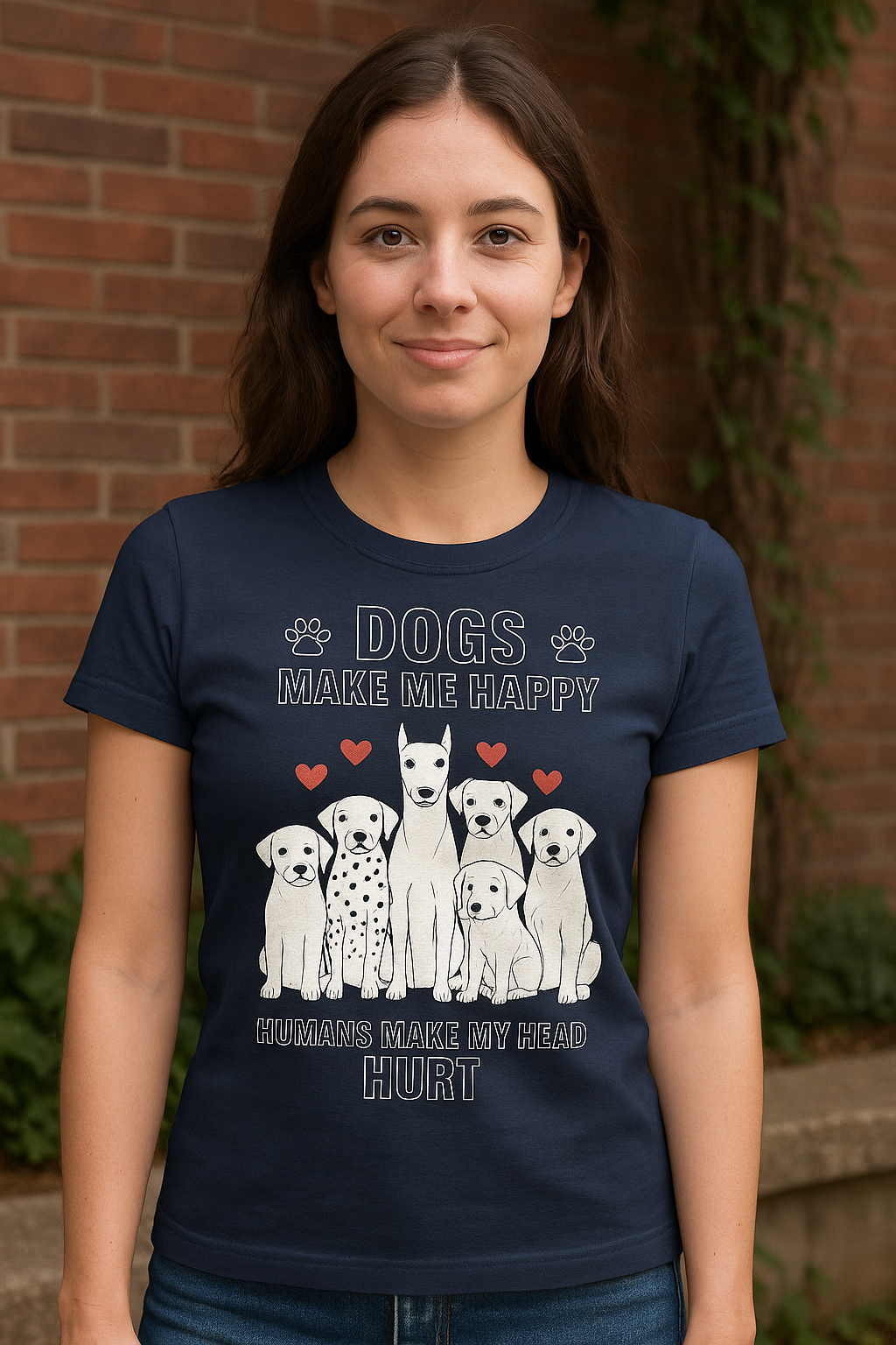 “Women’s fitted t-shirt with illustrated dogs and text that says Dogs Make Me Happy, Humans Make My Head Hurt – funny pet design in white and red”