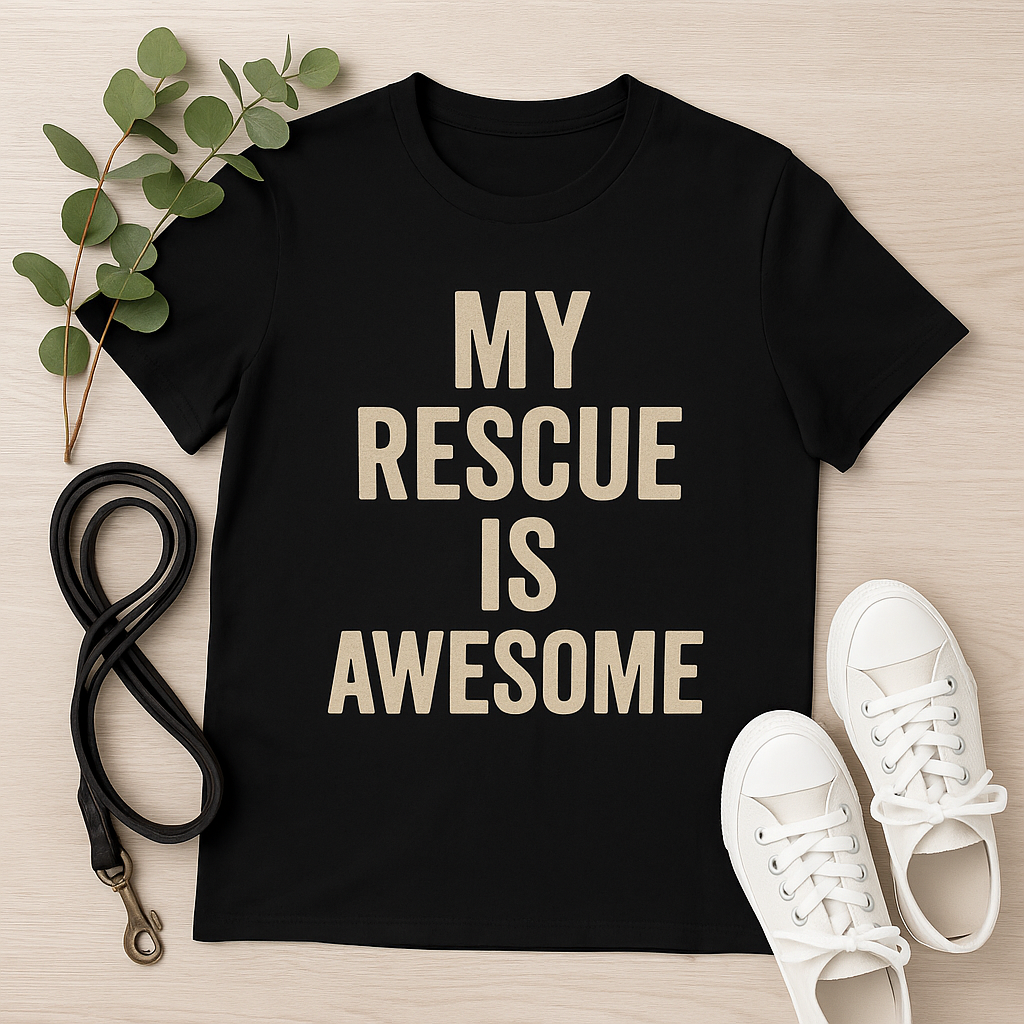 My Rescue Is Awesome T-Shirt – Minimal Distressed Dog Rescue Shirt in Cream Text on Dark Colors unisex adult