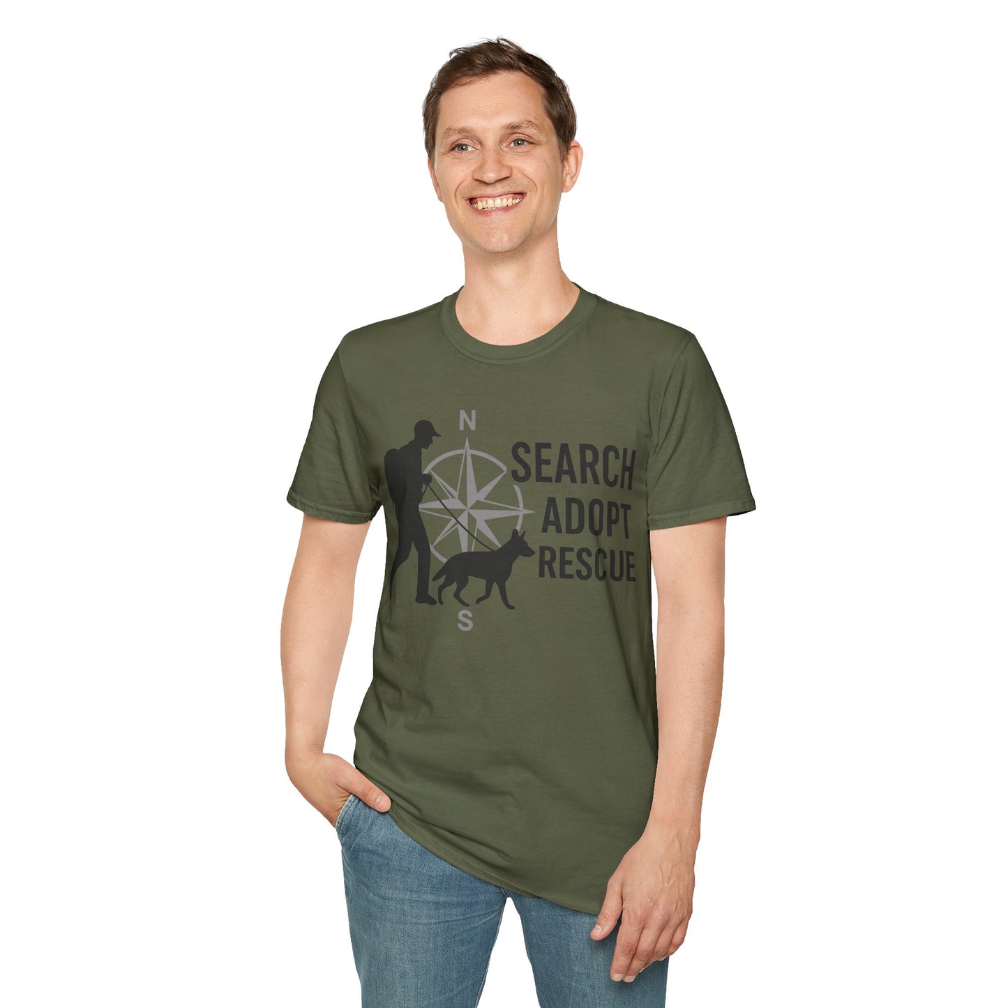 Search Adopt Rescue T-Shirt | K9 Compass SAR Dog Graphic Tee for Dog Lovers & Animal Advocates | Adopt Don’t Shop Shirt