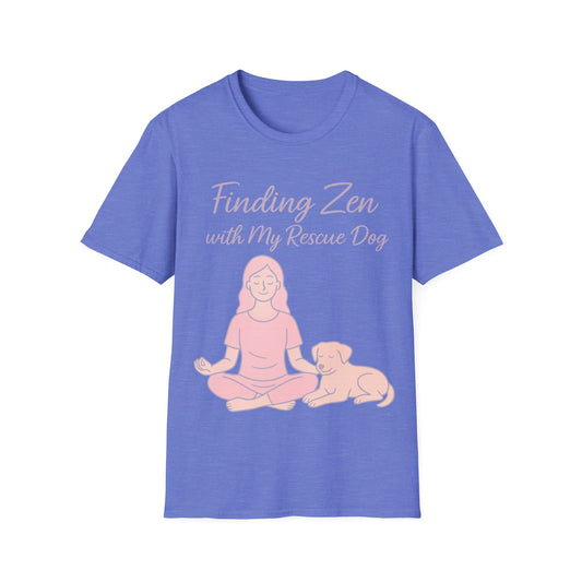 Finding Zen with My Rescue Dog – Calm Dog Mom Shirt in Blush Pink Lettering | Mental Health Rescue Tee, Adult Unisex T-Shirt