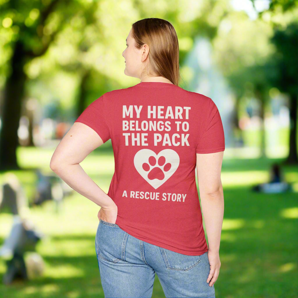 My Heart Belongs to the Pack Shirt – A Rescue Story Dog Shirt – Back Print Dog Lover Tee – Pack Collection Matching Family T-Shirt – Adopted and Adored Apparel, Adult Unisex T-Shirt