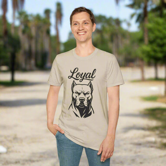 Sand t-shirt featuring a bold black pitbull head with the word “Loyal” in cursive above it