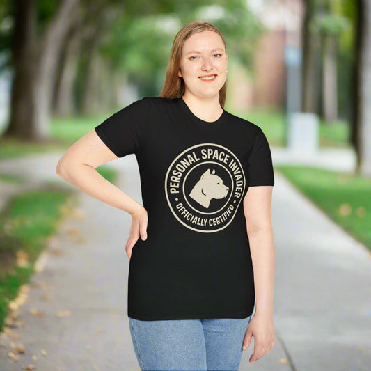 Personal Space Invader Officially Certified Pit Bull Unisex Adult T-Shirt – Rescue Dog Humor – 10% Donated – Free Shipping $75+
