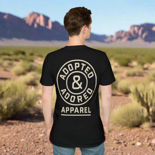 Adopted & Adored Premium Badge T-Shirt | Vintage Cream Logo Front & Back | Dog Rescue Apparel | Minimalist Western Stencil Design | Gildan 64000 + Bella Canvas 3001 | Soft Unisex Fit | Black, Asphalt, Military Green, Dark Heather Tones