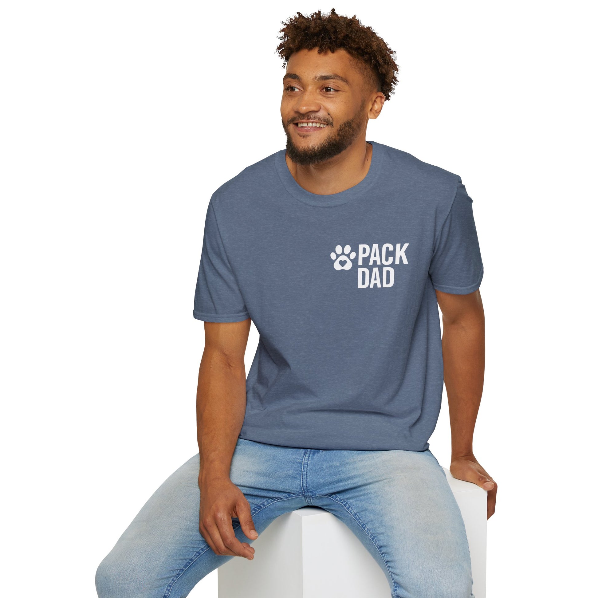 Pack Dad T-shirt with paw print and chest logo – black shirt with white ink for dog dads and rescue families