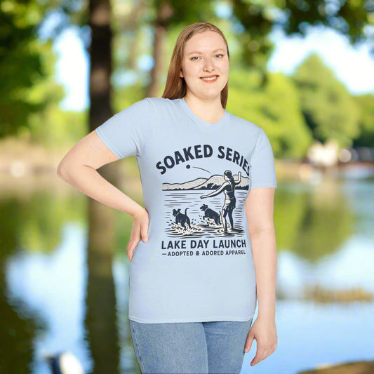 Soaked Series Lake Day Dog T-Shirt – Rescue Pitbulls at the Lake Graphic Tee – Adopted & Adored Apparel Unisex Summer T-Shirt, Adult Unisex T-Shirt