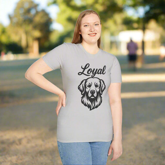 Golden Retriever t-shirt, woman wearing gray shirt, facing forward, black print