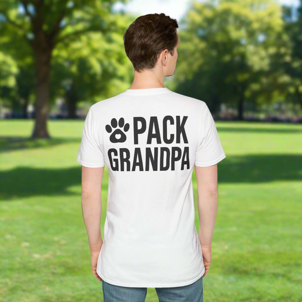 “Pack Grandpa T-shirt back print with paw and text in black ink – rescue dog gift for grandpa – Adopted and Adored Apparel”