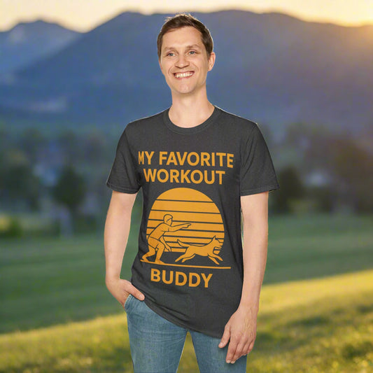 My Favorite Workout Buddy T-Shirt – Dog Lover Gift Tee – Sunset Gold Line Art Design – Playing Fetch Graphic – Motivational Dog Shirt – Gildan 64000 Unisex, Adult Unisex T-Shirt