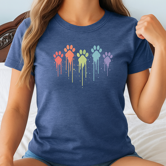 Rainbow Paw Print Shirt for Women | Bella Canvas 6004 Slim Fit Tee | Watercolor Drip Dog Mom Shirt | Rescue Pet Pride Top | $1 to Animal Rescue, Adult Women's T-Shirt