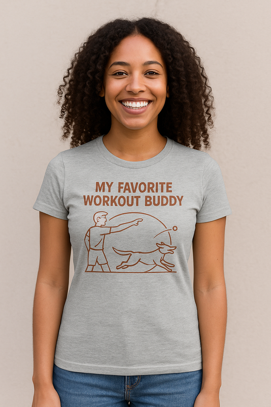 My Favorite Workout Buddy Dog T-Shirt for Women – Funny Dog Mom Gift Tee – Active Dog Owner Fetch Design – Bella + Canvas Feminine Fit T-Shirt, Adult Unisex T-Shirt