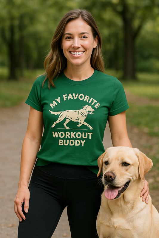 My Favorite Workout Buddy T-Shirt for Women – Athletic Dog Graphic Tee – Labrador Running Dog Shirt – Dog Mom Gift Idea – Workout with My Dog T-Shirt – Adopted and Adored Apparel Adult