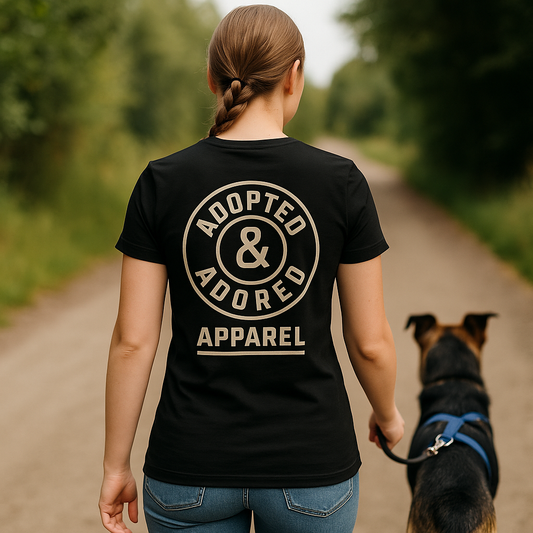 Adopted & Adored Women's Logo T-Shirt | Bella Canvas 6004 Fitted Tee | Two-Sided Vintage Cream Print | Dog Rescue Badge Back Design | Premium Feminine Cut | Black, Asphalt, Military Green, Charcoal, Heather Dark Colors adult