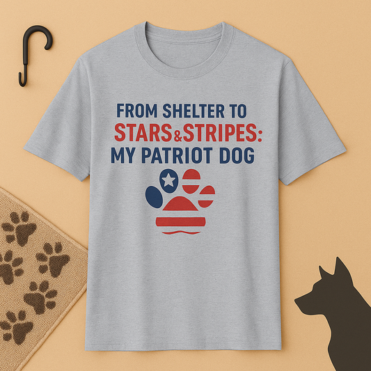 From Shelter to Stars and Stripes: My Patriot Dog T-Shirt – 4th of July Rescue Pet Tee – American Flag Paw Print USA Dog Lover Gift, Adult Unisex T-Shirt