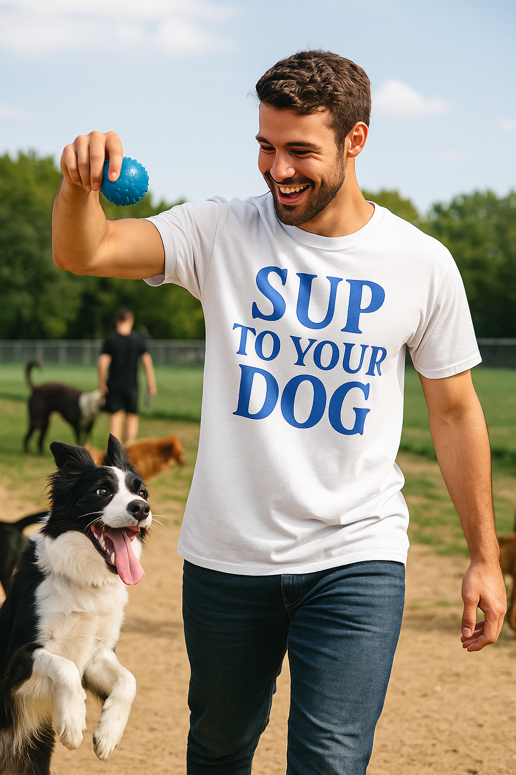 Man standing at a sunny dog park wearing a white t-shirt with bold blue text that reads "SUP TO YOUR DOG," surrounded by playful dogs and a relaxed, summery atmosphere.