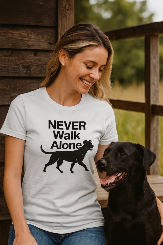 Never Walk Alone Dog Lover's T-Shirt, Adult Woman's, Pet Owner Gift, Animal Rescue Support, Dog Mom T-Shirt, Casual Wear, Animal Rights Advocacy