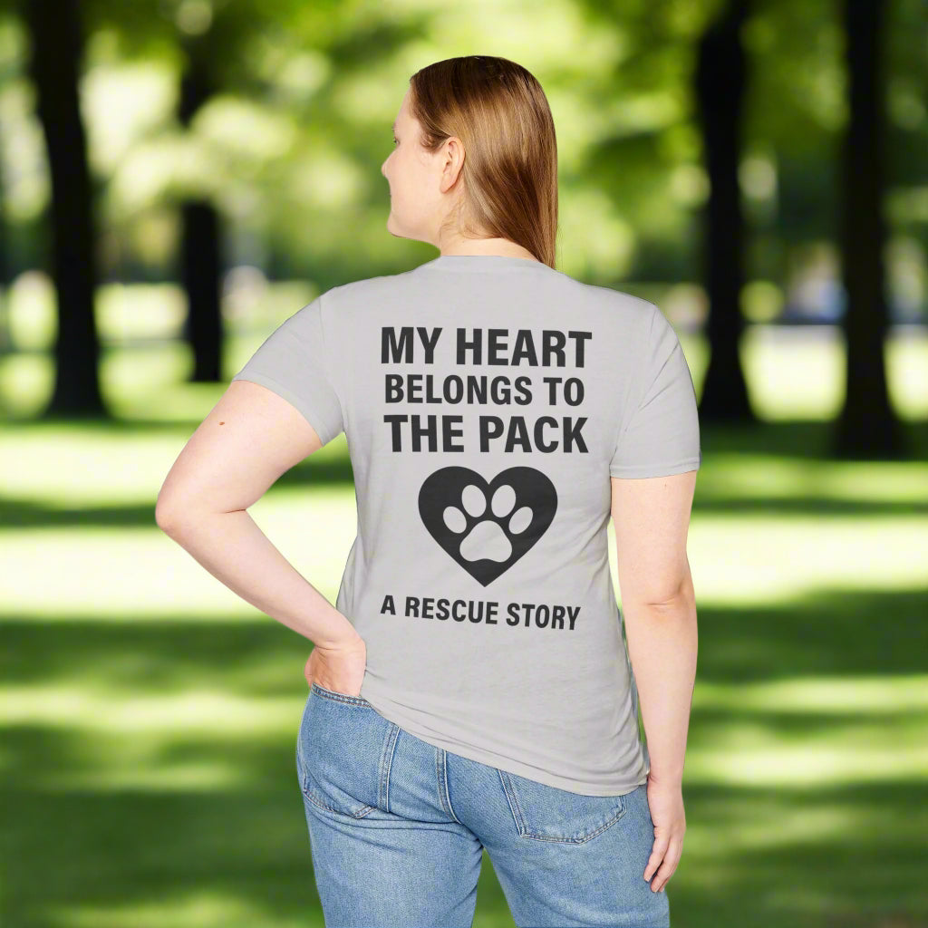 My Heart Belongs to the Pack Shirt – A Rescue Story Dog Shirt – Back Print Dog Lover Tee – Pack Collection Matching Family T-Shirt – Adopted and Adored Apparel, Adult Unisex T-Shirt