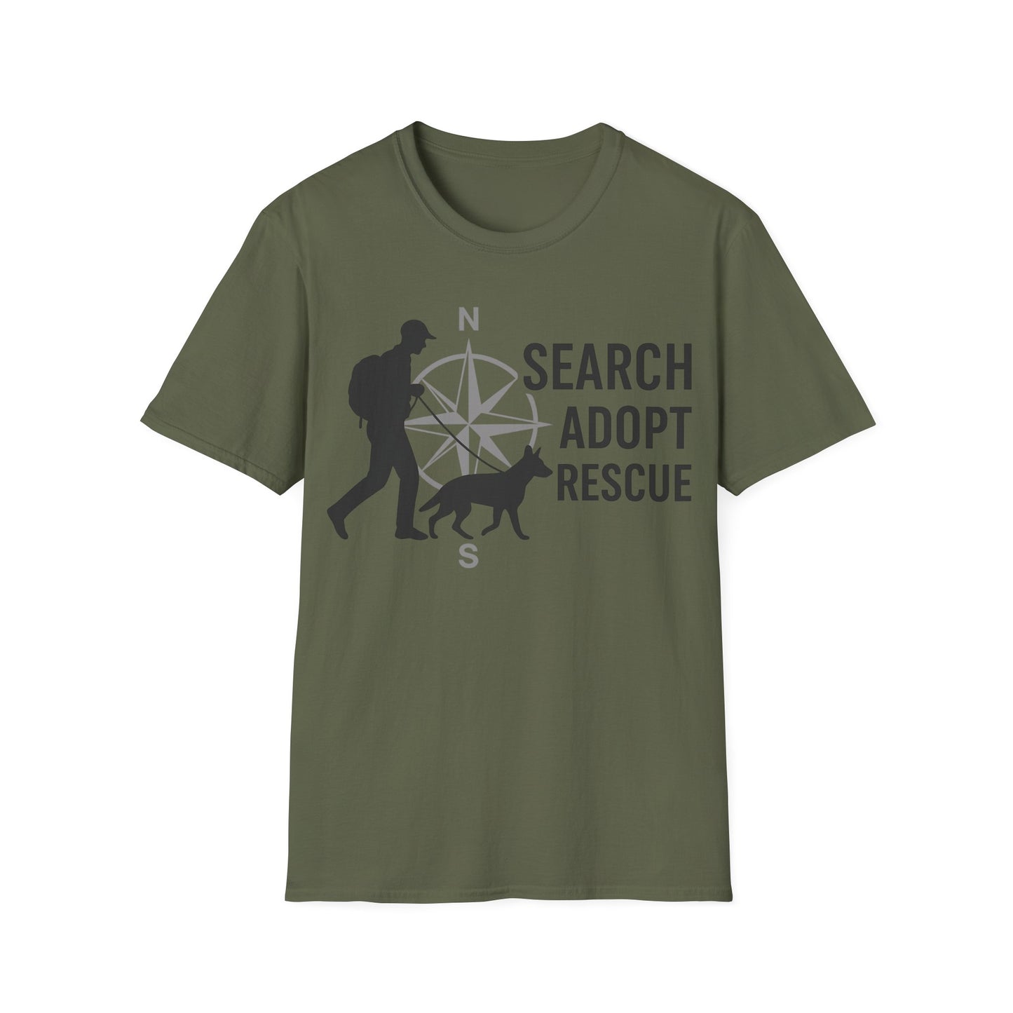 Search Adopt Rescue T-Shirt | K9 Compass SAR Dog Graphic Tee for Dog Lovers & Animal Advocates | Adopt Don’t Shop Shirt