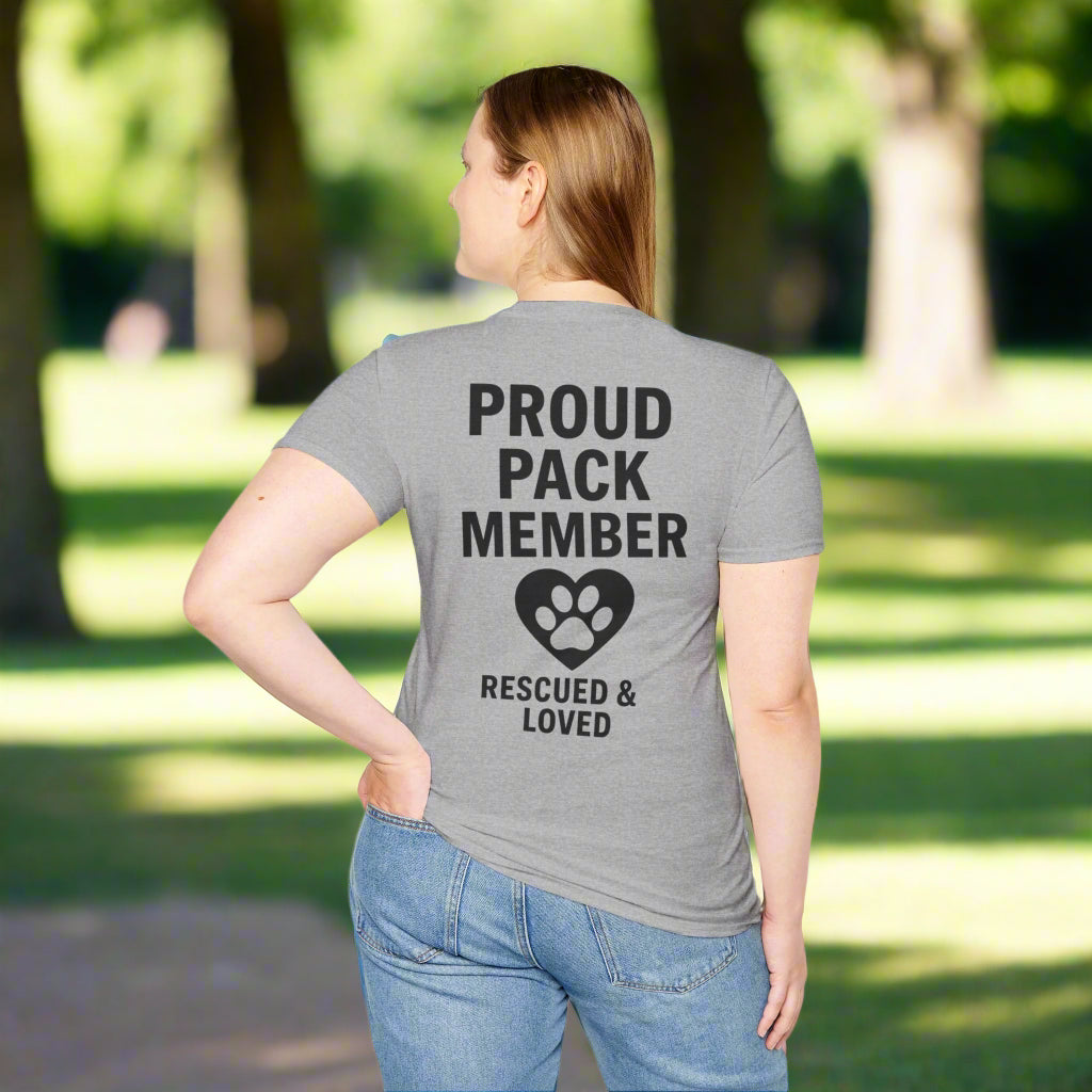 Proud Pack Member Rescued and Loved Shirt – Dog Rescue T-Shirt with Back Design – Pack Collection Family Matching Tee – Adopted and Adored Apparel, Adult Unisex T-Shirt
