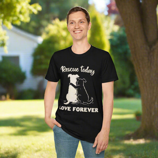 Two dogs sitting side by side with one arm around the other, beneath the phrase “Rescue Today” in cursive and above the bold text “Love Forever” — vintage off-white line art on a dark background t-shirt.