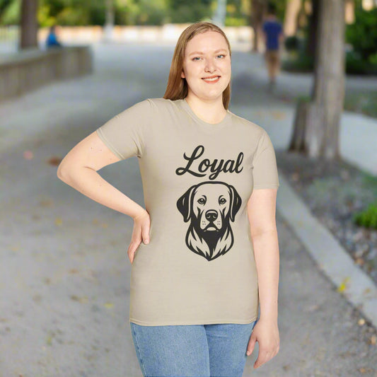 Labrador Retriever t-shirt, person wearing sand-colored shirt, facing forward, black print