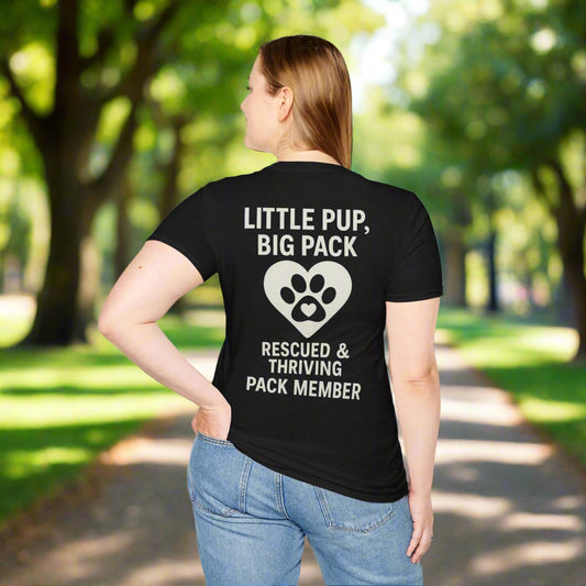 Little Pup Big Pack T-Shirt – Rescued and Thriving Dog Tee – Matching Family Rescue Apparel – Pack Member Logo – Dog Lover Gift – Pitbull Rescue Shirt – Parent and Kid Set Option, Adult Unisex T-Shirt